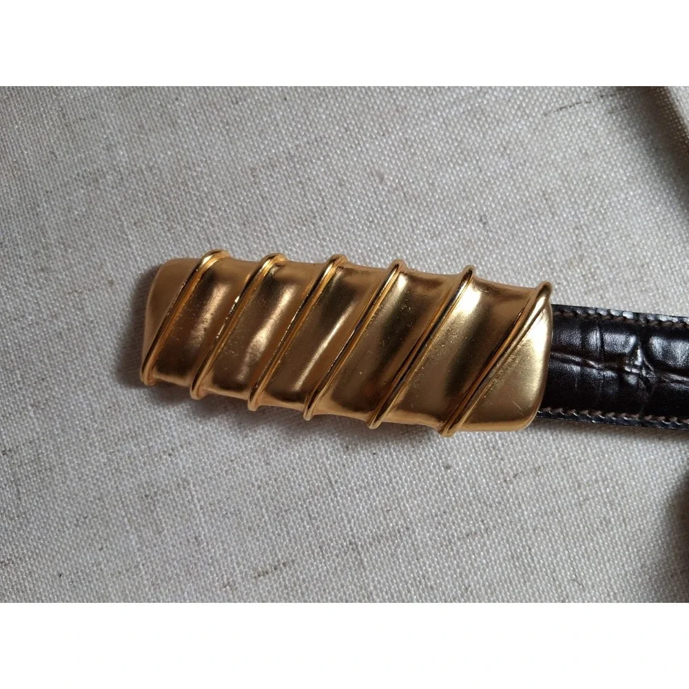Vintage Anne Klein Calderon #8095 Medium BROWN Leather Belt 80's  Gold Front